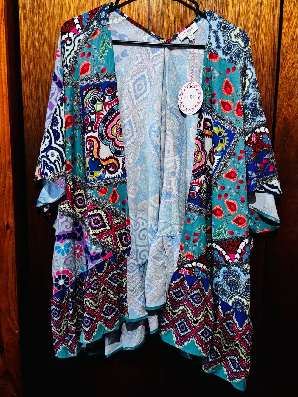 Umgee Teal Multi-Print Open-Front Kimono